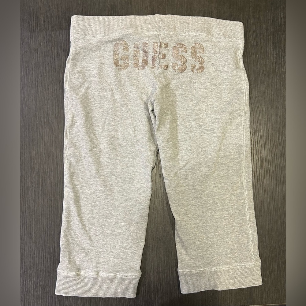 Y2K GUESS Women’s Grey‎ Terry Cloth Cropped Pants w Metallic Logos Large